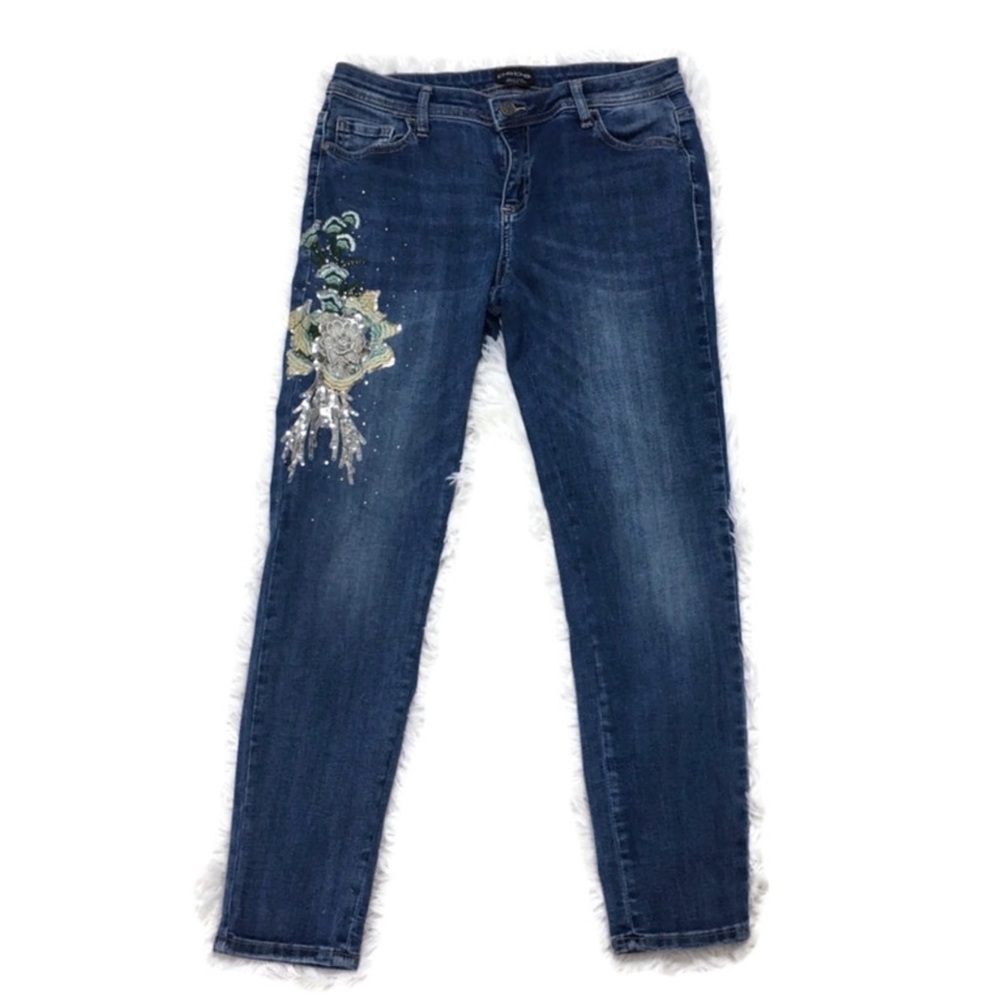 bebe Blue Straight Leg Jeans with Embroidery